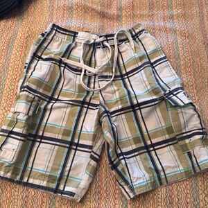 RS Surf Boys Swim Trunks Board Shorts Green White Plaid Lined Tie Waist Size 5